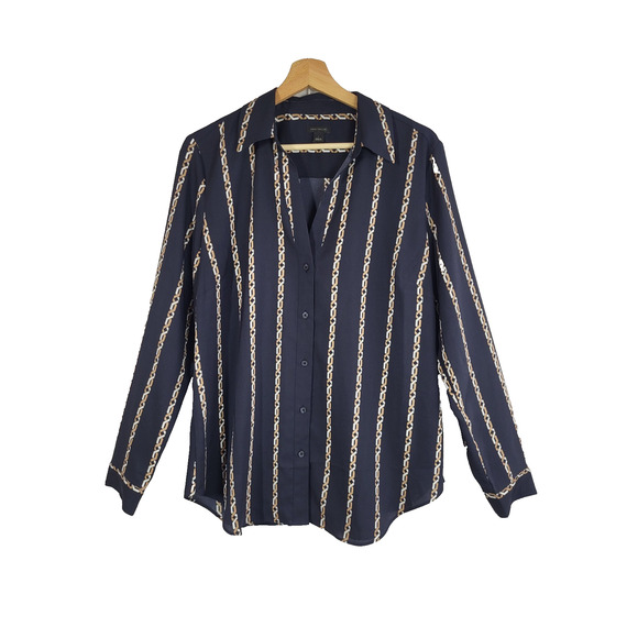 Ann Taylor Chain Link V-Neck Button Up Blouse L Navy Equestrian Career Stripe - Picture 3 of 11